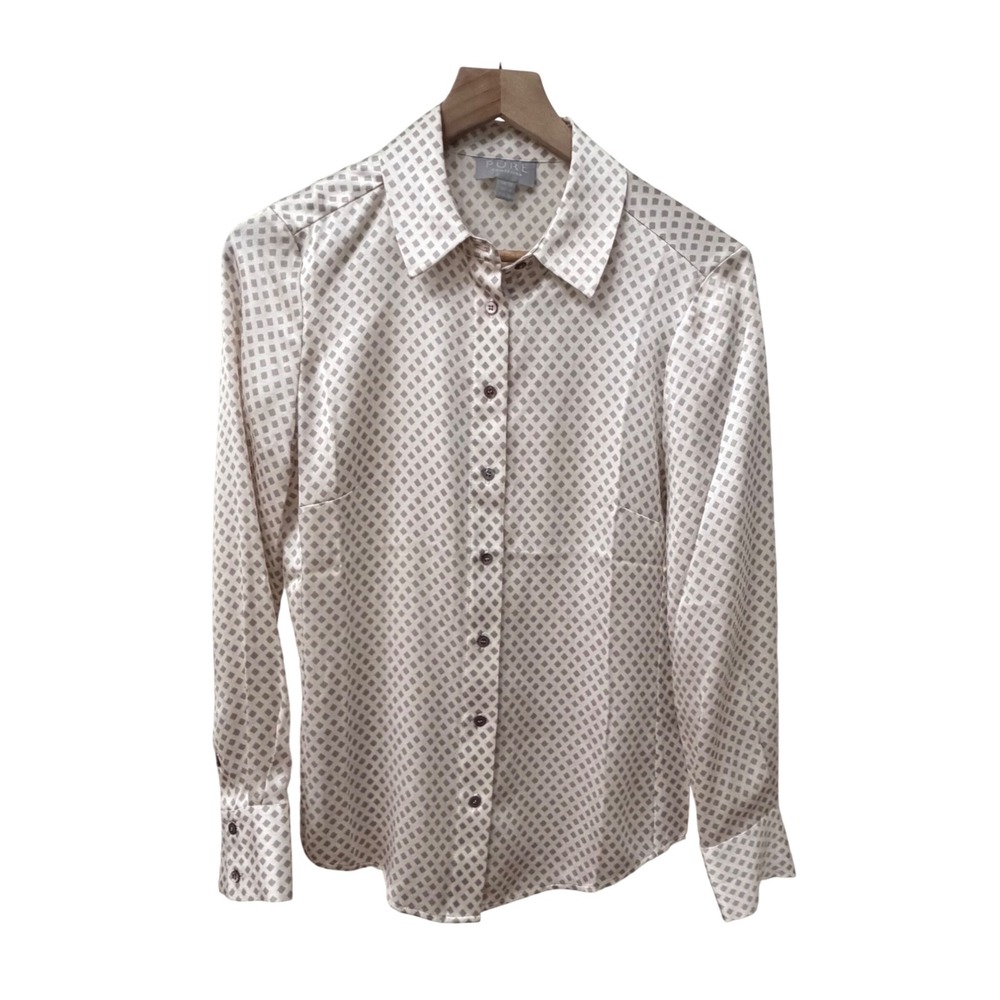 Pure Collection Silk Blouse 4 Cream Taupe Geometric Diamond Print Button Down‎